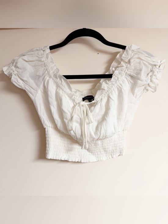 MAJORELLE Tops - MAJORELLE White Smocked Peasant Crop Top with Tie Size XS